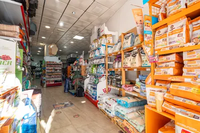 Interior de una tienda Petly con estanterías rojas